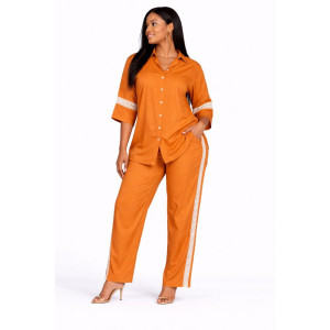 Womens Two Piece Button Up Top and Pants Set with Lace Trim